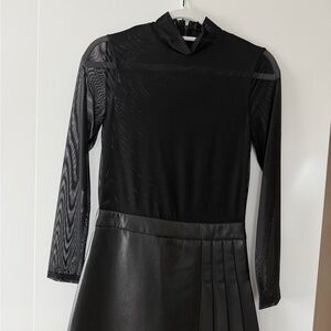 Alice + Olivia Black Mesh Long-Sleeve Dress with Pleated Faux-Leather Skirt